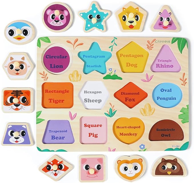 GRINNNIE Wooden Puzzles for Toddlers 1 2 3 Years Old, Montessori Toddler Toys 5PCS Peg Puzzles with Knob - Number, Alphabet, Shape, and Animal, Great Gifts for Boys Girls