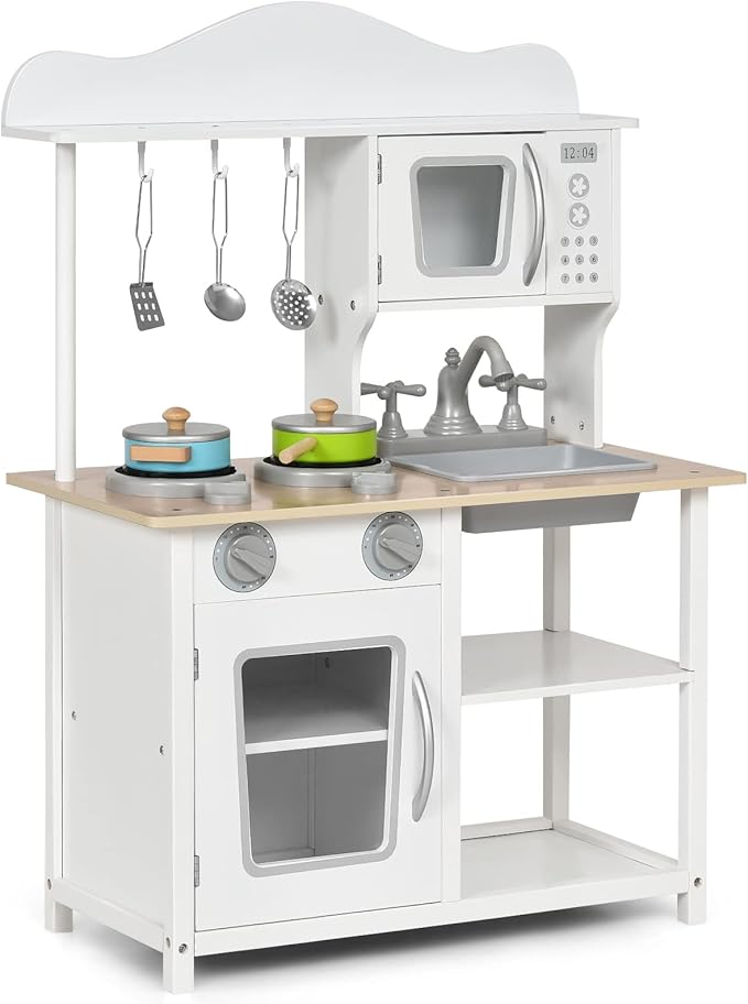 Costzon Kids Kitchen Playset, Wooden Pretend Toy Kitchen Set with Sink, Oven, Microwave, Stove, Pots, Utensils, Play Kitchen for Kids Toddlers, Gift for Boys Girls