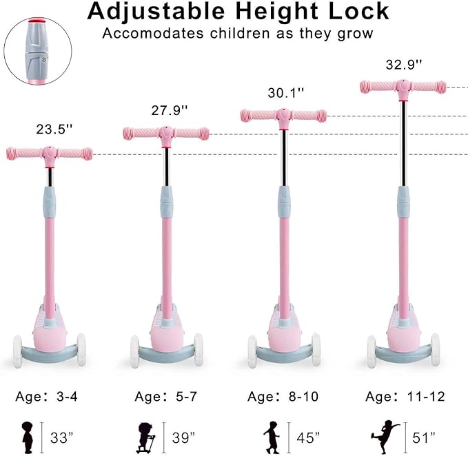 67i Scooter for Kids 3 Wheel Scooter Kids Kick Scooter for Toddler Girls Boys Scooter with Adjustable Height and Light-Up Wheels Scooter for Children Ages 3-12