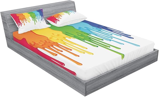 Ambesonne Abstract Fitted Sheet & Pillow Sham Set, Rainbow Colored Paint Leaking Splattered Drops Creative Graphic Design, Decorative Printed 3 Piece Bedding Decor Set, Queen, Rainbow Colors