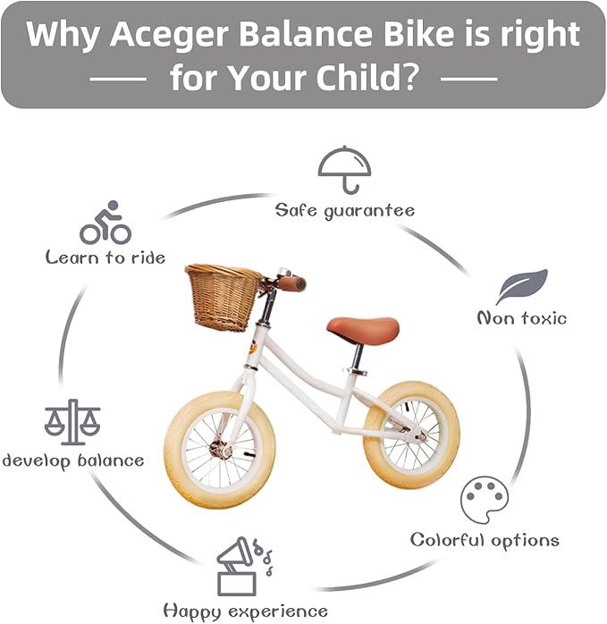 ACEGER 12" Kids Balance Bike with Basket, No Pedal Toddler Bicycle for Early Learning Leg Strength and Steady Balancing, Durable Frame&Tool-Free Adjustable Seat, Gift Bike for 2-5 Kids