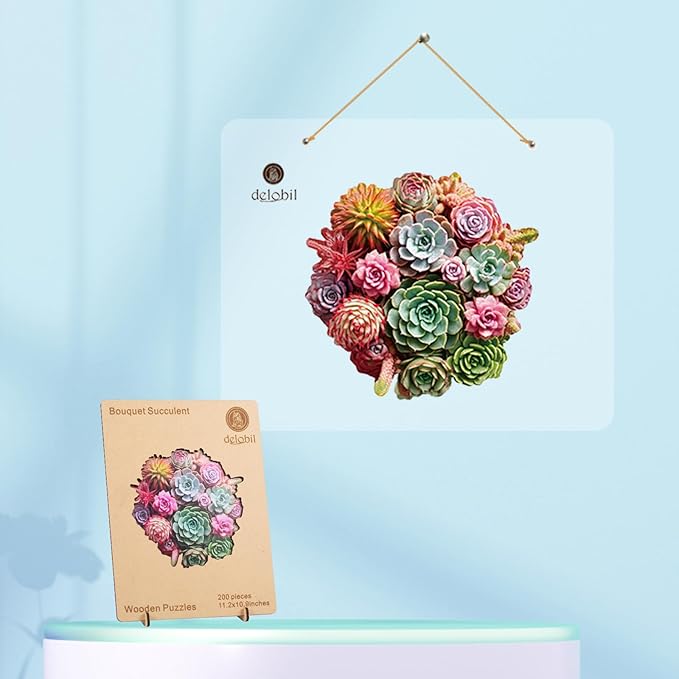 Succulent Bouquet Wooden Puzzles for Adults, 200 Pieces Mandala Round Jigsaw Puzzles, Medium Size Unique Shaped Liberty Wood Puzzle Gift for Kids, Family Game 11.3'' x 10.5''