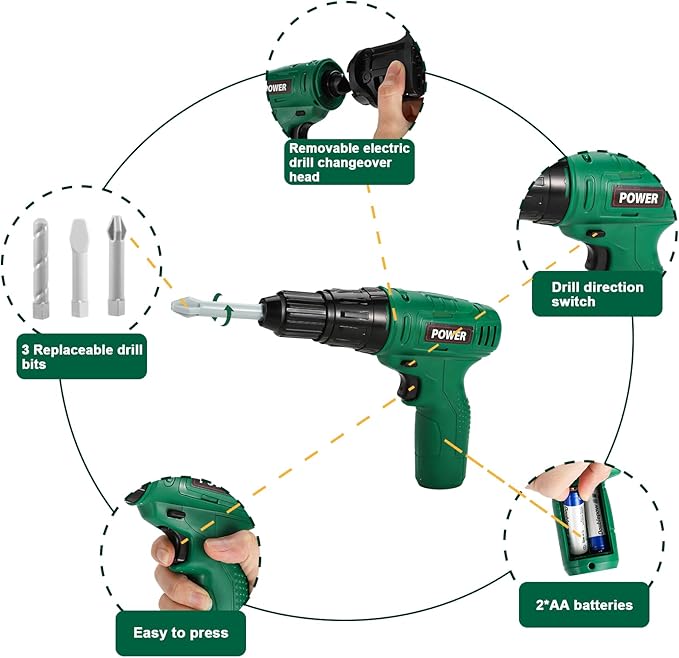 Mathea Kids Tool Set with Electronic Chainsaw Toys & Kid Drill, Realistic Pretend Play Toddler Tool Toys, Construction Drill Toys, Christmas Gifts for Kids Toddler and Boys Age 3 4 5 6 7 8 Years Old