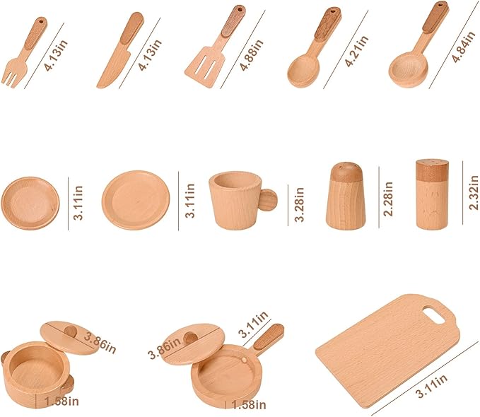 Play Kitchen Accessories Montessori Wooden Toys Kids Kitchen Set Cookware Plates Dishes Pots Pans Cooking Playset 15 Pieces Sensory Toys for Toddlers Girls Boys With Storage Bag