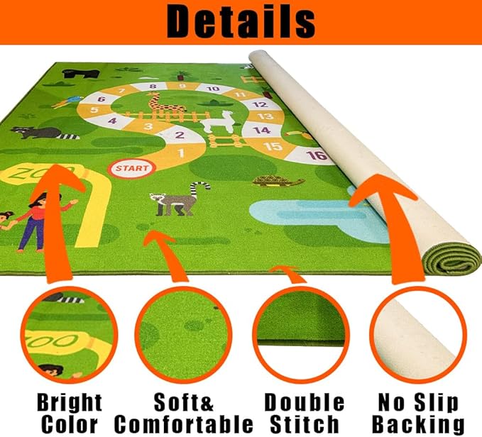 Classroom Rugs for Playroom, Preschool, Daycare Rug for Classroom, Large Learning Numbers Road Play Map Animal Safari Road Playtime Educational Area Rugs for Kids, Nursery(13'x7'7'', Green)