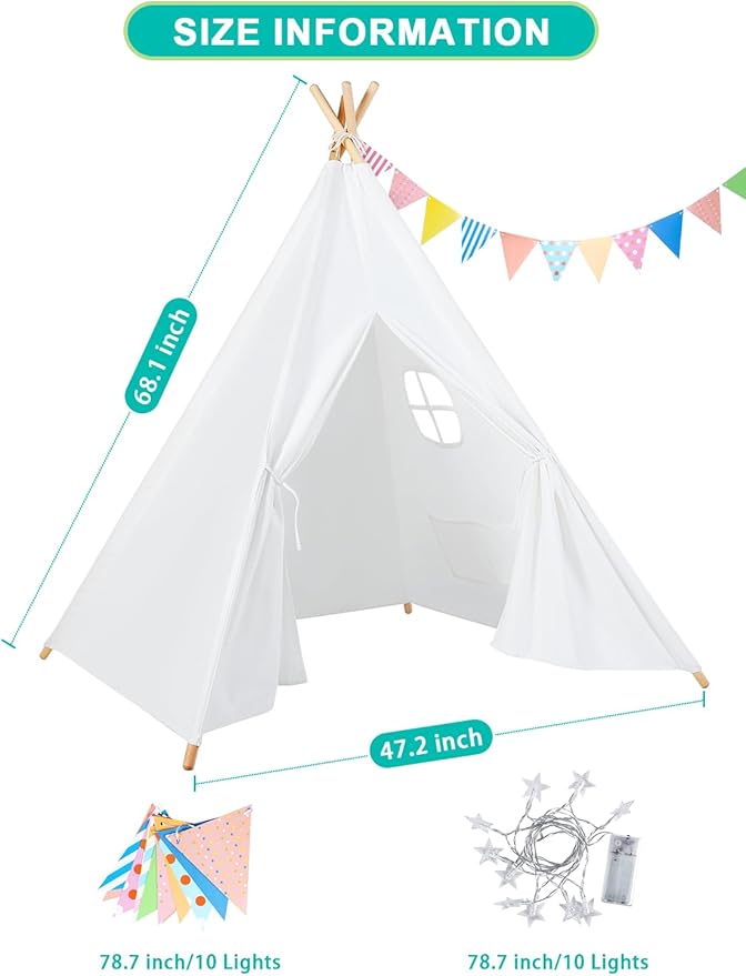 Teepee Tent for Kids Slumber Party 2 Pack: Star Lights & Colored Flag - Indoor Outdoor Toddler Play Tent for Girls Boys Birthday Gifts Sleepover Party (White)