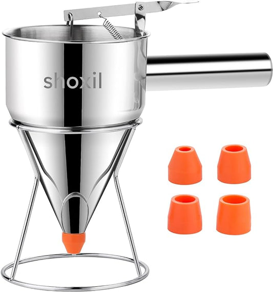 20oz Pancake Batter Dispenser, Multi-Caliber Stainless Steel Funnel Cake Dispenser with Stand Great for Pancakes, Cupcakes or Any Baked Goods