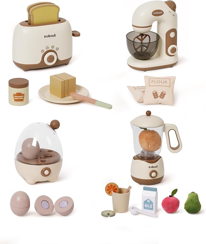 ROBUD Pretend Play Kitchen Appliances, Kids Play Kitchen Toy Food Set with Egg Steamer, Mixer, Toaster, and Blender with Realistic Sounds, Play Kitchen Accessories forToddlers (4-Set)