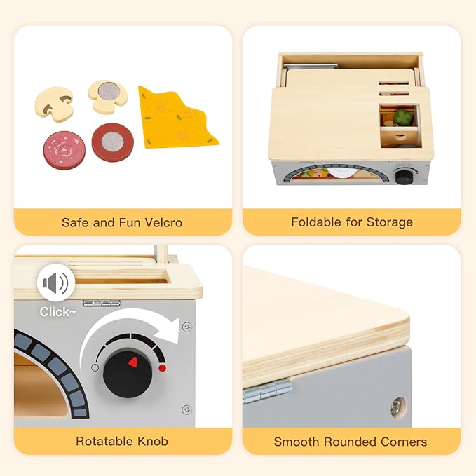 Wooden Pizza Toy Kids Pizza Counter Playset, Montessori Pretend Play Kitchen Accessories with Toy Food, Bake Oven, Role Play Set for 3 4 5 6 Year Old Boys Girls