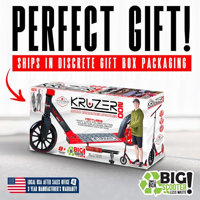 Large Folding Kick Scooter for Adults and Teens – Adjustable Handlebar – Big 200mm Wheels – Lightweight Durable Folding Frame – 220lbs Capacity – Madd Gear Scoot 200