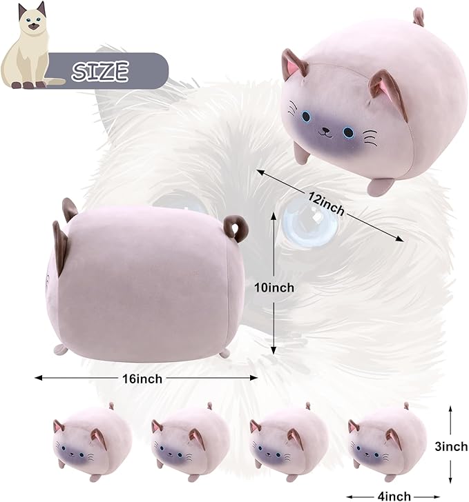 Siamese Cat Plush with 4 Baby Siamese Cat Stuffed Animals in Her Tummy, Cuddly Cartoon Body Pillow Gifts for Girls Boys