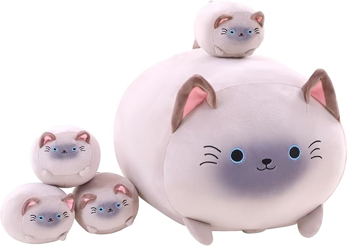 Siamese Cat Plush with 4 Baby Siamese Cat Stuffed Animals in Her Tummy, Cuddly Cartoon Body Pillow Gifts for Girls Boys