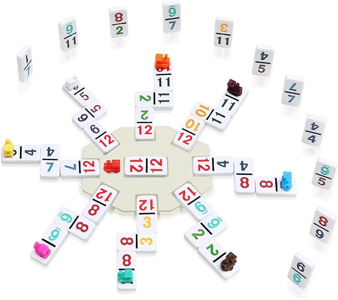 Mexican Train Dominoes Set with Numbers and 8 Wooden Trays/Racks, Double 12 Dominos Travel Set with 8 Tiles Holders, 91 Tiles Double 12 Colored Dominoes Game Set with Portable Case for Families Kids