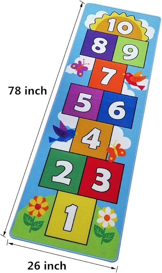 Hop and Count Hopscotch Rug, Kids Floor Play Area Rug Game Carpet Crawl Jump Mat, Children Numbers Learning Non-Slip Rug, Great for Ages 3 to 7 Boys Girls, Home Decor, 26''x78''