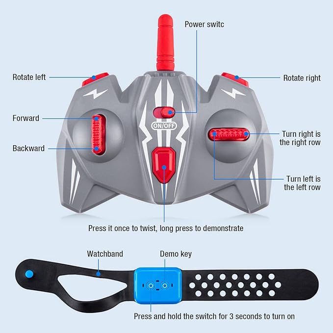 Powerextra Gesture Rc Car, 4WD 2.4GHz Remote Control Gesture Sensing Car, Double Sided 360° Rotating Off Road Rc Stunt Car with Lights & Music, Toy Car for 6-12 Year Old Boys & Girls (Blue)