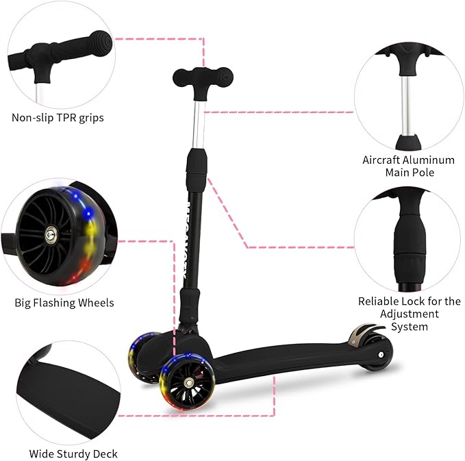 Kids & Adults Kick Scooter – 2 or 3 Wheel Options (LED on 3-Wheel) for Outdoor Fun & Commuting, Foldable and Portable, Adjustable Handle, Anti-Slip Deck (Ages 3 to Adult),Birthday Gift