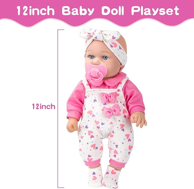 12" Baby Doll with Pink Bowknot Clothing Set,12 Inch Realistic Baby Dolls with Clothes and Accessories,Pacifier Bottle Toy Pretend Play Collection for 3+ Child Girls Gifts