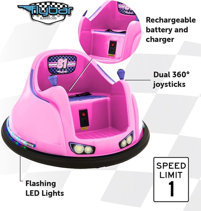 Flybar FunPark 6V Bumper Car for Toddlers, Electric Toddler Ride On Toys for Kids, Baby, Ages 1.5-4 Years, LED Lights, 360 Degree Spin, Supports up to 66 pounds (No Remote), Large, 6v Pink/Purple