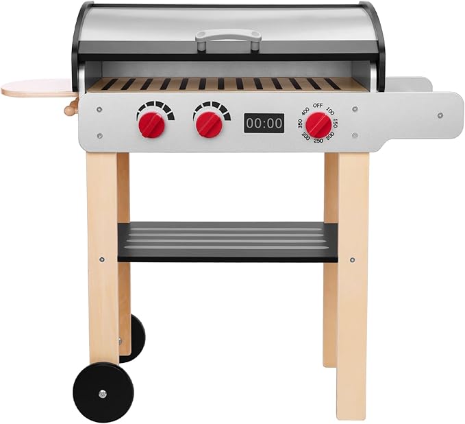 Wooden Play Barbecue Toy Grill, Kids Grill Playset with Toy Food and Grilling Tools, Play Kitchen Accessories for Toddlers Boys Girls Age 3+