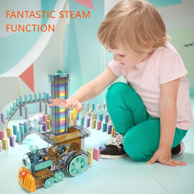 Domino Spray Train Toy Kids Games Upgrade 80Pcs with Arch Bridges Automatic Dominoes Building Set Rally STEM Montessori Stacking Toys for 3+ Year Old Toys Gifts for Birthday Christmas Halloween