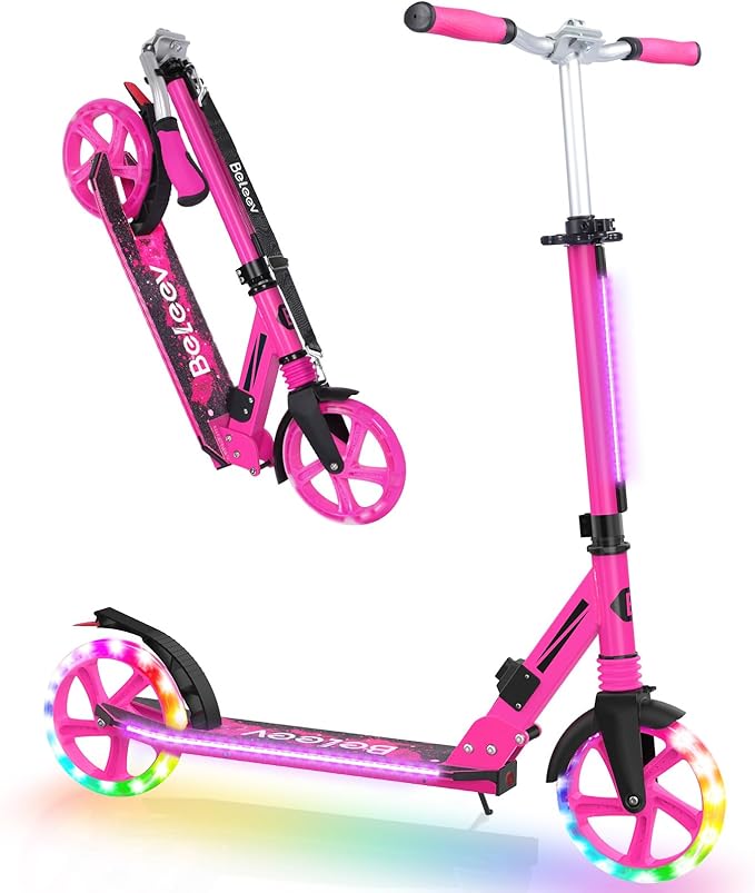BELEEV V8 Scooters for Kids Ages 6+ with Light-Up Deck, 2 Wheel Folding Scooter for Adults Teens, 4 Adjustable Height, Lightweight Sport Commuter Scooter, Sturdy Frame, Max Load 220 lbs