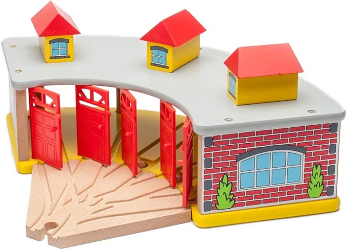 inc. Wooden Train Round House with 5-Way Switch Track for Kids, Wood Train Shed with 5 Doors. Houses 5 Engines & Cars, Compatible with Major Brand Wooden Railways