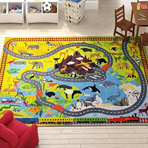 KC Cubs Playtime Collection Animal Safari Road Map Learning and Game Area Carpet for Kids and Children Bedrooms and Playroom (5' 0" x 6' 6") Educational Rug, 5 ft x 6 ft (6 in), Multi