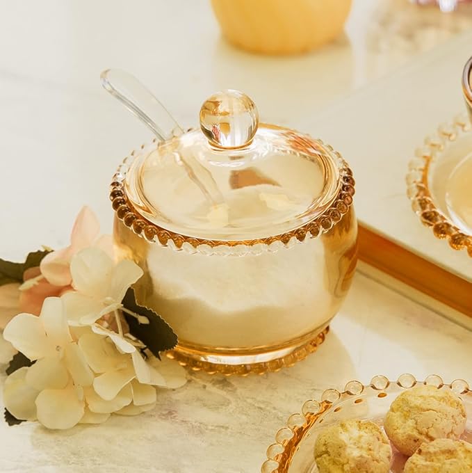 WOLFF - Pearl Crystal Beaded Sugar Bowl with Lid and Spoon - Sugar Holder, Dish for Candy Dispenser, Jelly Jar (Amber, Sugar Bowl)