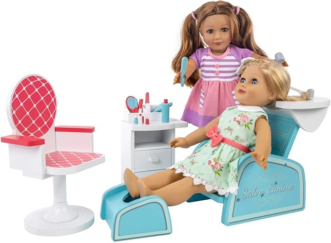 Playtime by Eimmie 18 Inch Doll Furniture Salon & Nail Set – Wooden Playset with Hair Styling Accessories, Fits American, Generation, My Life & Similar 14”-18” Dolls