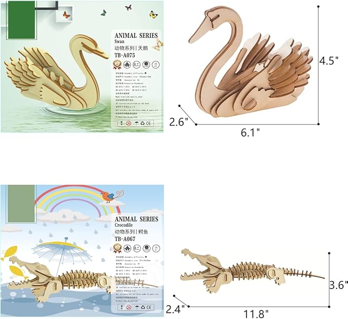 3D Wooden Wild Animal Puzzle - 6 Piece Set Wood Wild Animals Skeleton Assembly Model Kits - Wooden Crafts DIY Brain Teaser Puzzle - STEM Toys Gifts for Kids and Adults Teens Boys Girls