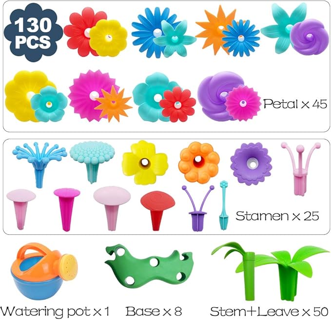 Scientoy Flower Garden Building Toys, Girl Toys Build a Garden, 130 PCS Flower Pretend Gardening Gift for Kids, Floral Arrangement Playset for Age 3-7 Year Old Child Educational Activity