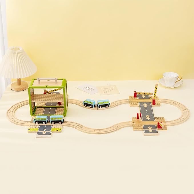 Wooden Train Track Set, Wooden Railway Set Toy with Magnetic Train for Toddlers, Train Set with Blocks Storage Box for Kids Boys and Girls Ages 3+