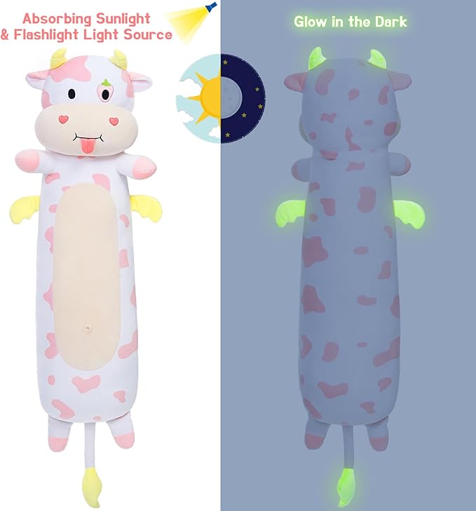 Long Cow Body Pillow 43.3Inch Cow Body Pillow, Pink Cow Stuffed Animal Glow in The Dark, Strawberry Cow Pillow with Heart for Kids Girlfriend,Birthday, Thanksgiving, Christmas Pillow Gift