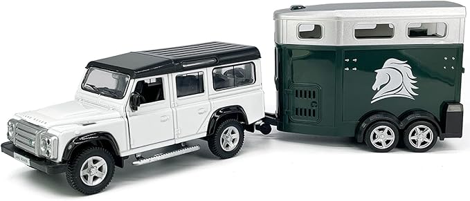 Land Rover Defender Trailer Towing Horse Transporter Farm Trailers, Doors Open, 1/36 Scale Model Car Diecast Metal Toy Cars,3 4 5 6 7 Year Old Kids Boys Gifts, Cake Topper Home Office Décor Collection
