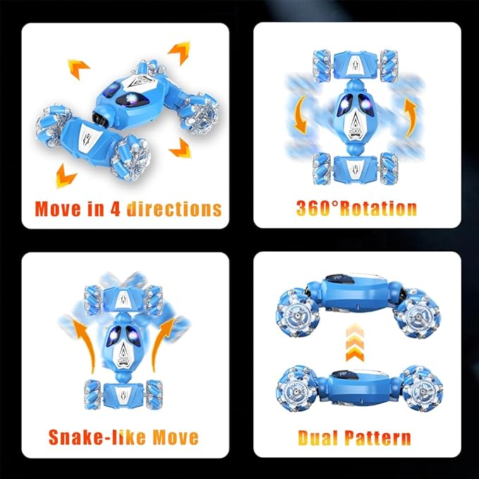FOTN Remote Control/Gesture Sensing Stunt Car,4WD All-Terrain 2.4Ghz RC Blue Dual Control Off-Road Vehicle ，Lights Music，Modular Lithium Battery, 360° Flips，Snake-Move, Boy/Girl Birthday Gift