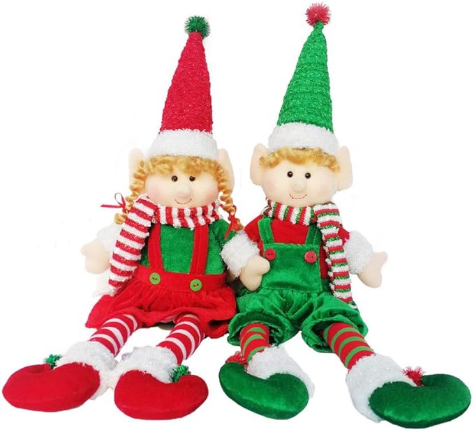 Christmas Elves 24" Decorations Dolls Big Plush Figurines Packed in Color Box Soft Stuffed Holiday Ornaments Xmas Decor Adorable Gifts Boy and Girl Set of 2