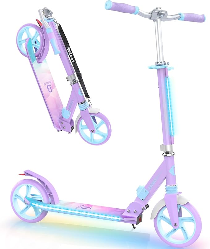 BELEEV V8 Scooters for Kids Ages 6+ with Light-Up Deck, 2 Wheel Folding Scooter for Adults Teens, 4 Adjustable Height, Lightweight Sport Commuter Scooter, Sturdy Frame, Max Load 220 lbs