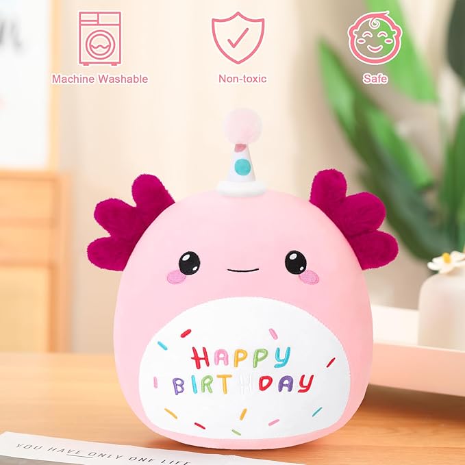 SQEQE Axolotl Stuffed Animal Toy Happy Birthday Axolotl Plush Cute Pink Birthday Plushies Doll Home Decor for Kids Girls Boys 10 Inch