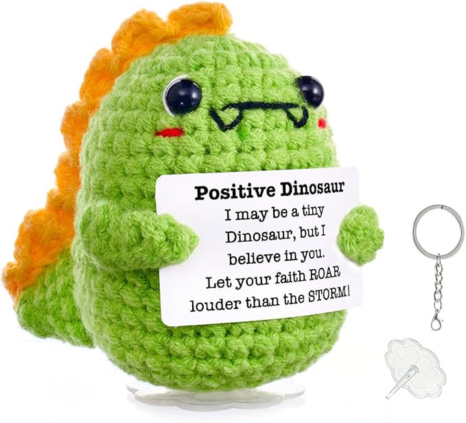 Funny Easter Basket Stuffers Positive Crochet Animals Dinosaur, Stress Relief Gifts for College Student Graduation Boyfriend Husband Women Birthday Desk Decor(Green Dinosaur)