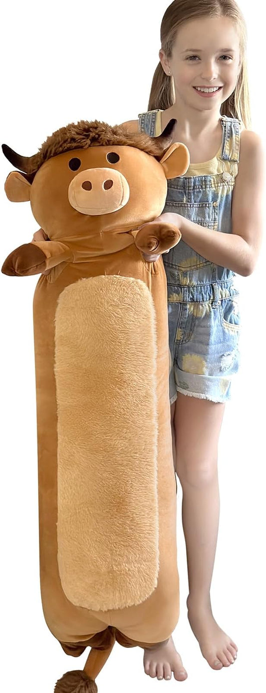 Highland Cow Plush Long Body Pillow, Giant Breathable Highland Cattle Stuffed Animal Bolster Throw Pillow, Cuddly Hugging Pillow Plushie Gift for Kids Girlfriend,Birthday,Christmas