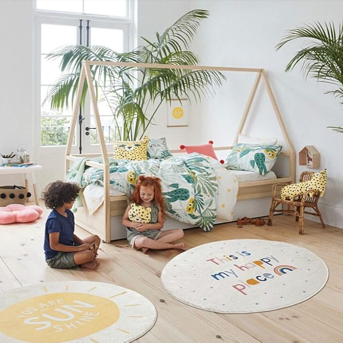 Poowe Round Kids Playroom Rug - Soft Alphabet Nursery Rug for Bedroom - Playtime Collection, Learning & Game Carpet for Classroom, Best Shower Gift for Infant Toddlers (Round 47.2", Rainbow Star)