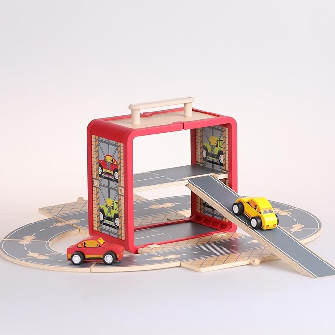 Wooden Toy Car Set for Toddlers, Car Track and Parking Garage Playset, Toy Vehivle Set with Blocks Storage Box for Kids Boys and Girls