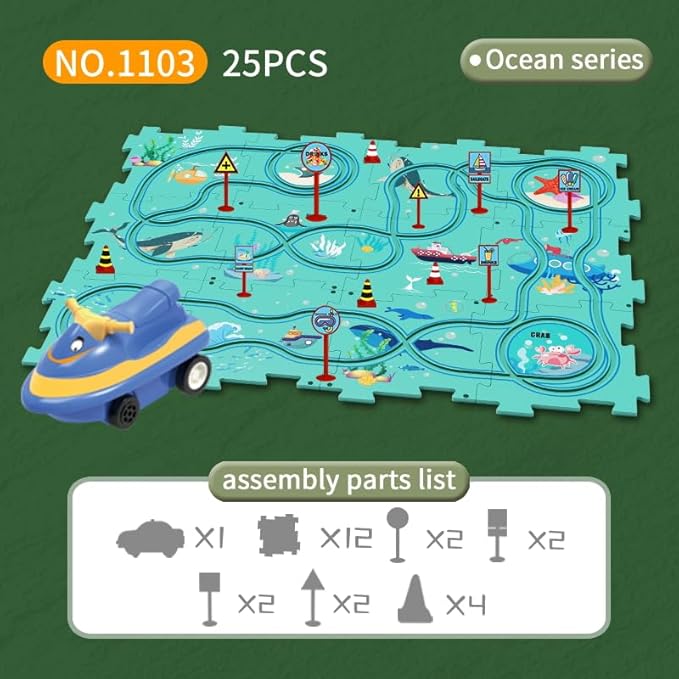 25PCS Puzzle Racer Kids Car Track Set, Ocean Series Jigsaw Puzzle Racer Car Track Set Puzzle Track Car Play Set Preschool Gifts for Kids Christmas Birthday Gift for Boys Girls