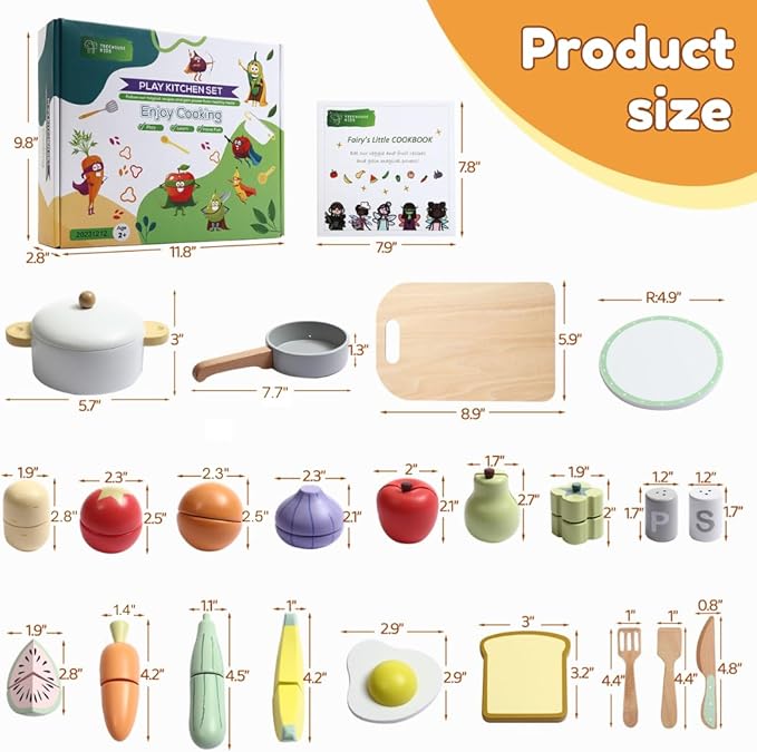 Wooden Food Set for Kids with Cookbook Magical Recipes, Wood Velcro Cutting Fruit and Vegetables Toy for Toddlers, Cooking Pretend Play, Kitchen Accessories, Early Education Toys