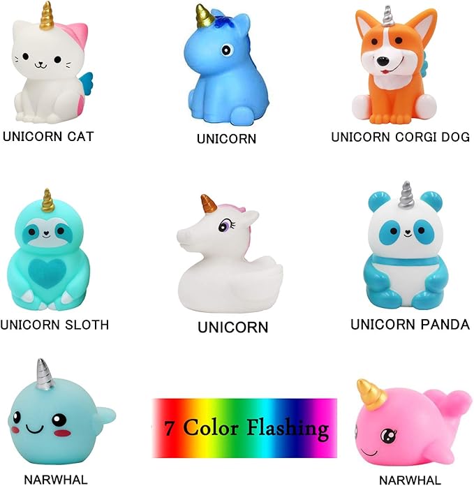 Unicorn Bath Toys Light Up Floating Rubber Toys(8 Packs),Flashing Color Changing Light in Water,Baby Infants Kids Toddler Child Preschool Bathtub Unicorn Bathroom Toy …