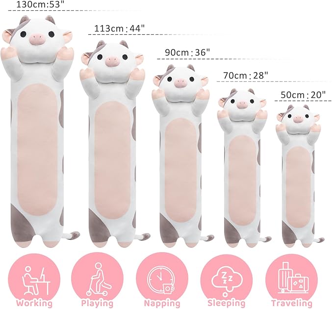 Long Plush Cow Body Pillow, Cute Cow Stuffed Animal Soft Plushie, Big Cuddle Pillow Toy for Girls (20 Inches)