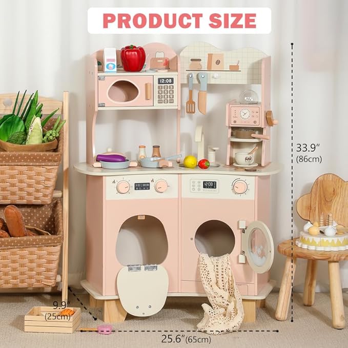 Play Kitchen for Kids - Wooden Pretend Play Kitchen Set Toy with Washing Machine and Coffee Grinder, Toys Kitchen Gift for 3+ Year Old Kids, Girls & Boys