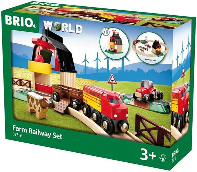 BRIO World Farm Railway Set - 20-Piece FSC-Certified Wood Train Set & Accessories - Works with All BRIO Wooden Railway Sets - Includes Barn, Tractor, Hay Crane, Tracks & More - Fun for Kids Ages 3+
