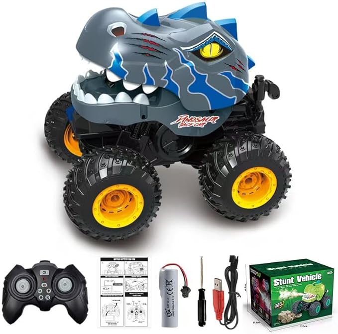 Dinosaur Remote Control Car for Boys 4-7, 360° Rotating Stunt Vehicle, 2.4GHz All Terrain RC Monster Truck Toys with Spray, Light & Sound for Kids 8-12, Birthday Gift for Boys (Grey)