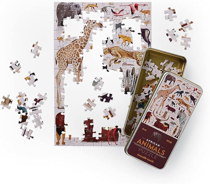 Crocodile Creek 150-Piece Jigsaw Floor Puzzle - Fun Puzzles for Kids Ages 6-8 and Up - Heavy-Duty Storage Keepsake Tin - African Animals - 12" x 8" Finished
